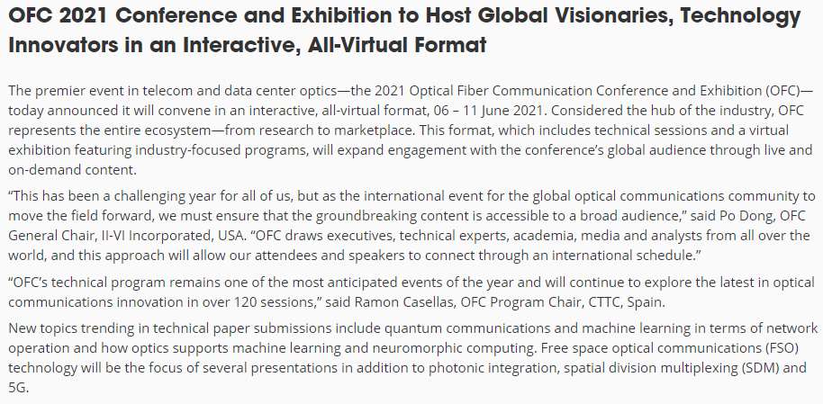 商洛光通信盛会OFC 2021将完全通过线上举行
